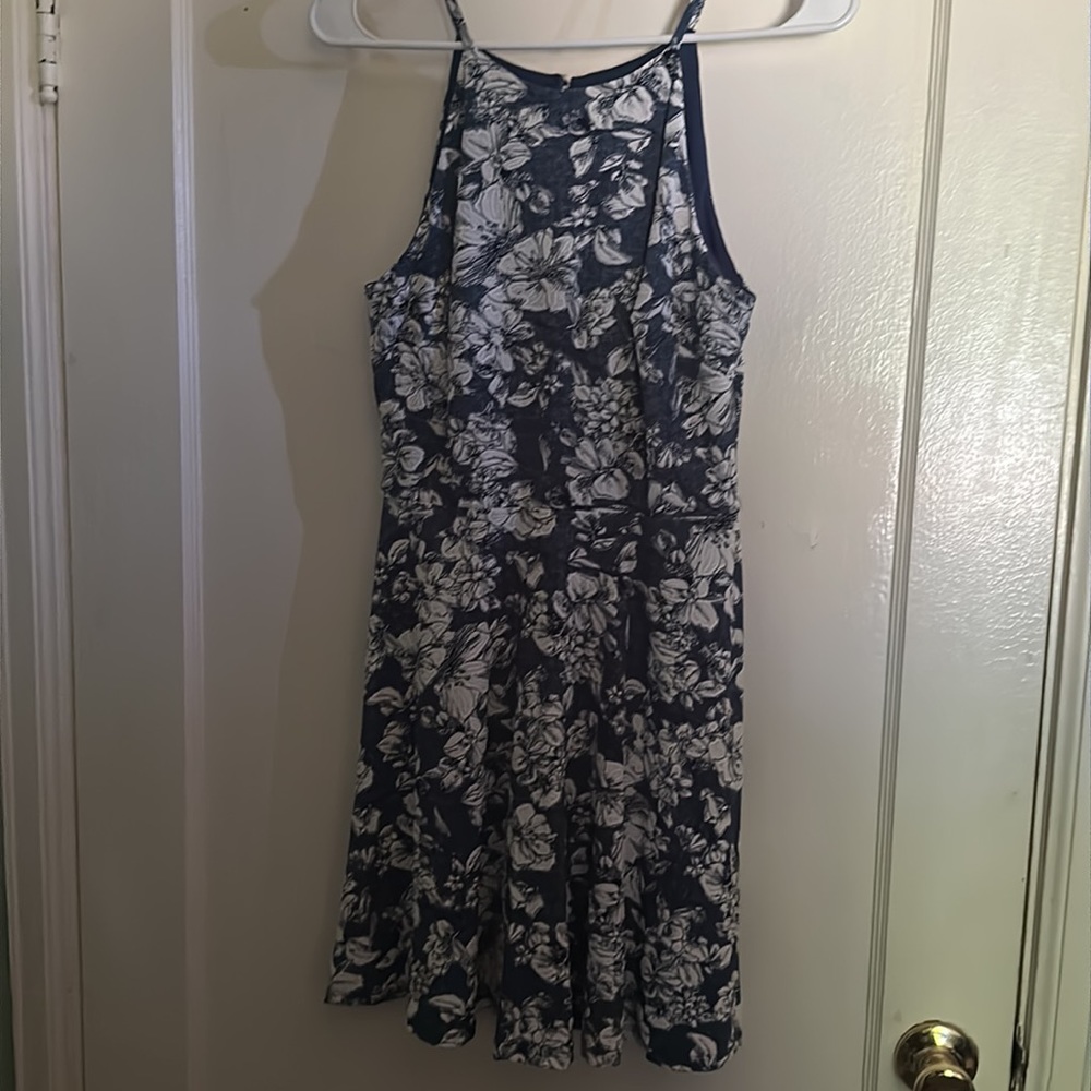 Floral denim look high neck dress